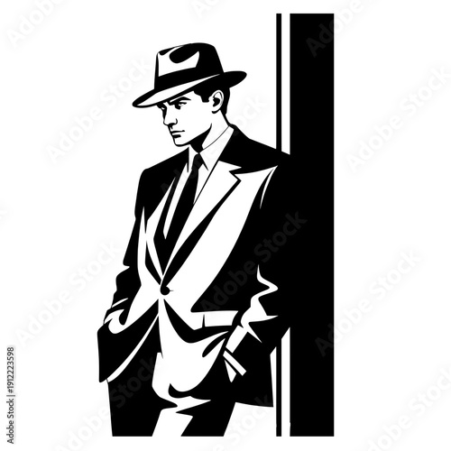 Sophisticated Gentleman in Suit and Fedora Leaning - Retro Business Fashion Illustration