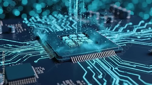 Futuristic microchip on a circuit board with glowing blue connections.