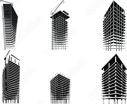 High rise building construction silhouettes, skyscraper structural framework with tower cranes, urban development site, concrete floors and columns, architectural design