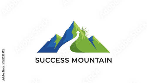 Success mountain logo with arrow path to peak achievement.