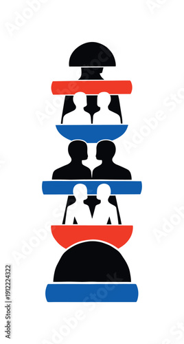 An abstract human totem built from repeated black-and-white silhouettes and geometric blocks, heads and bodies reduced