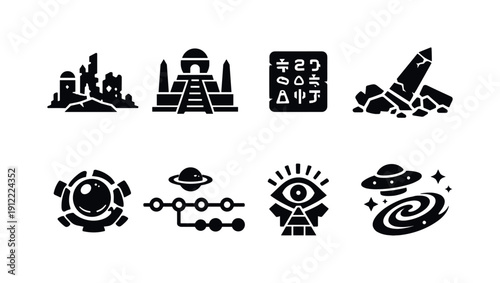 Ancient alien civilization clues. Filled icon set of Ancient alien civilization clues: ruined alien city, ceremonial