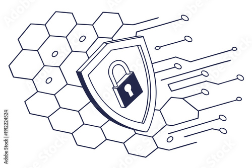 Modern cybersecurity shield with padlock on circuit board background