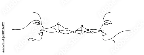 "Digital dialogue". Minimalistic one-line drawing abstract faces connected by lines and dots symbolizing data exchange,