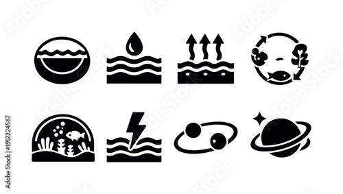 Icy moon habitability. Filled icon set of Icy moon habitability: layered ice shell, liquid water reservoir, tidal