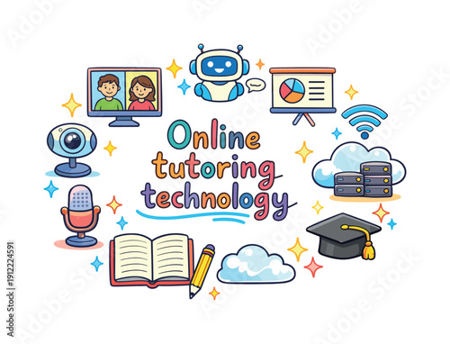 Online tutoring technology. Hand drawn illustration of Online tutoring technology. video call screen, AI chatbot icon,