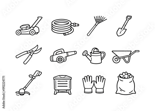 Outdoor maintenance and yard care. Line outline icon set of Outdoor maintenance and yard care: lawn mower, garden hose,