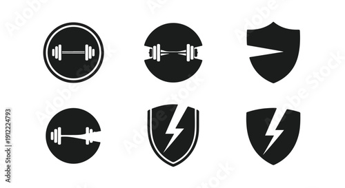 Collection of six black and white fitness icons featuring dumbbells and shields on a plain white background.