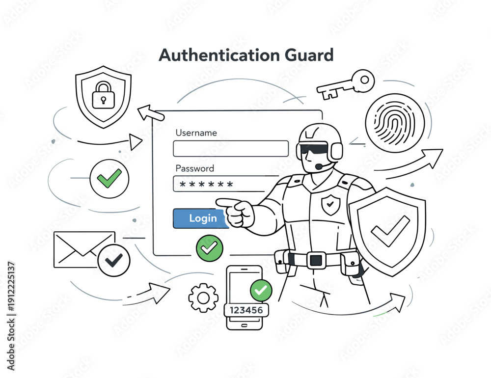 Obraz premium Authentication Guard. Login form protected by layered security icons, focused moment of verification. Minimal arrows and
