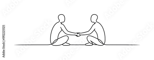 Common Ground. Minimalistic one-line drawing human figures meeting along a single horizontal line symbolizing shared