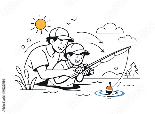 Family time by the lake. Parent teaching a child how to fish, hands guiding the rod together, calm patience and trust.