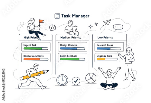 Task Manager. Dashboard with task cards arranged by priority, progress bars filling smoothly. Feeling of control,