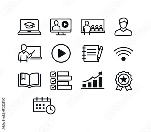 Online education. Line outline icon set of Online education: laptop learning, video lecture screen, online classroom,