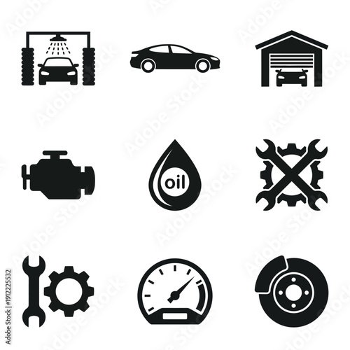 Car maintenance and repair icons for automotive service and industry