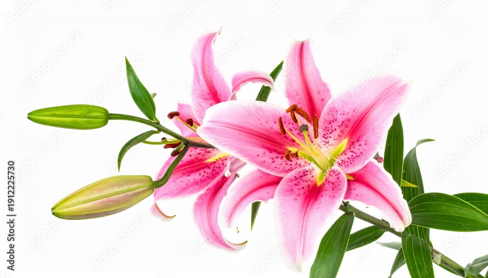 Obraz premium Elegant pink lilies in full bloom with green leaves against white isolated on withe background