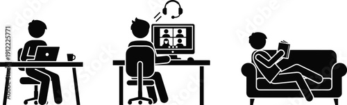 Black vector icons showing remote work lifestyle including person working on laptop at desk, attending video conference meeting, and reading book on sofa.