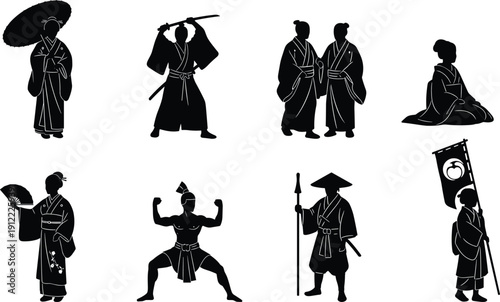 Japanese Culture Silhouette Collection Featuring Samurai Warrior Katana Geisha With Umbrella Kimono Women Sumo Wrestler Ronin Ashigaru Soldier And Traditional Edo Period Figures