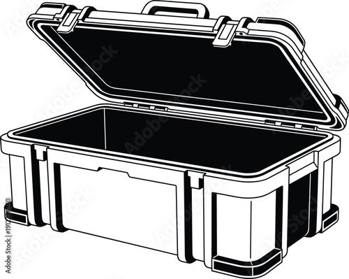 Hard-shell protective case with reinforced corners and open lid for industrial and professional equipment - black vector illustration