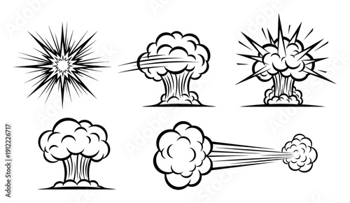 Collection of black and white comic book style explosion and smoke cloud blast boom