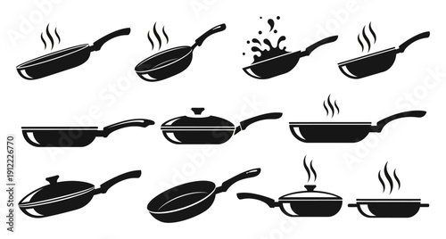Collection of black frying pan with steam and splashing liquid white background cooking