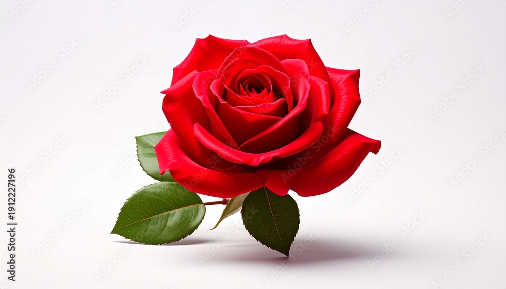 Fototapeta premium Single Vibrant Red Rose with Green Leaves Isolated on White Background
