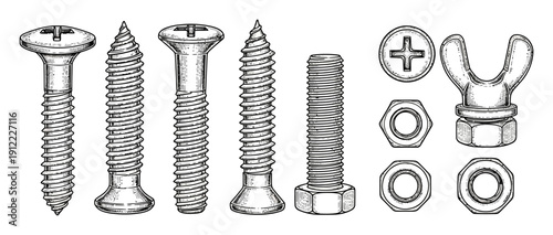 Collection of vintage style screws bolts nuts and wingnut isolated white background