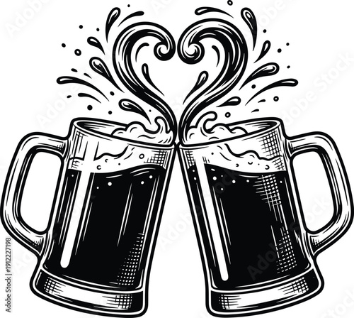 Black and white beer mugs clinking with heart-shaped splash for celebration and camaraderie theme - vector illustration