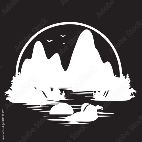 Minimalist Circular Mountain and Lake Landscape Silhouette
