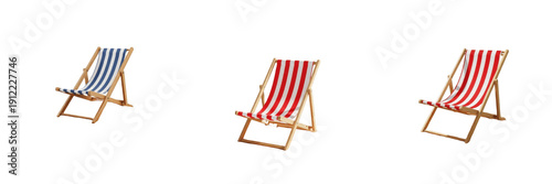 Schilderij op canvas Set of Folding Beach Chairs - Realistic Striped Deck Chairs for Summer Vacation
