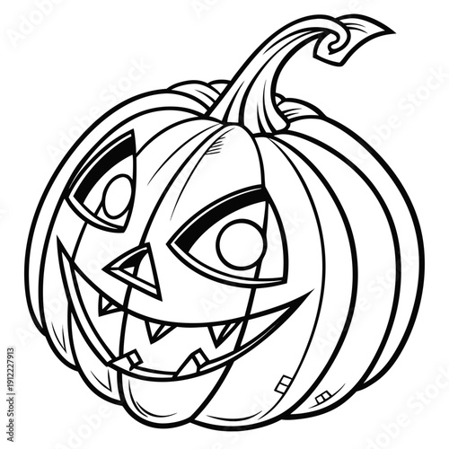 Black and white line art illustration depicting a spooky carved jack o lantern pumpkin face ready for coloring activities during autumn celebrations