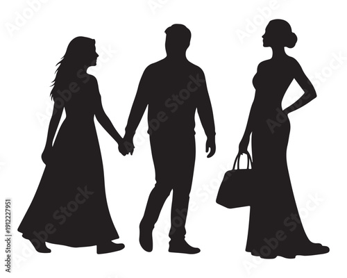 Silhouette of man with two women in formal dresses