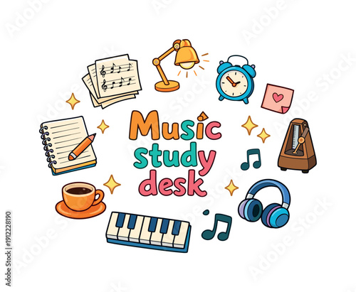 Music study desk. Hand drawn illustration of Music study desk. sheet music stack, piano keys, pencil, notebook,