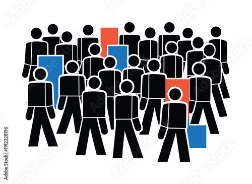 Multiple black-and-white human silhouettes constructed from mismatched geometric pieces, heads as circles, bodies as