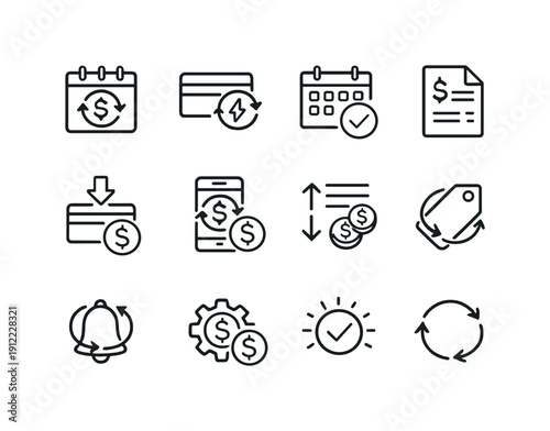Recurring billing. Line outline icon set of Recurring billing: monthly payment, automatic charge, billing calendar,