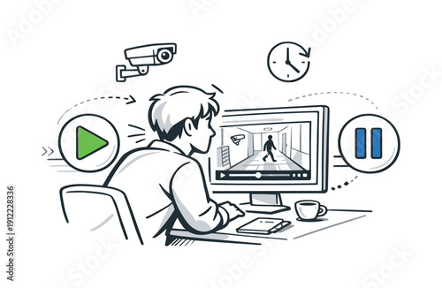 Reviewing CCTV recordings. Person leaning slightly forward while footage replays on a monitor, play and pause icons