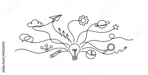 Brainstorm Process. Minimalistic one-line drawing of interconnected abstract symbols flowing outward from a central