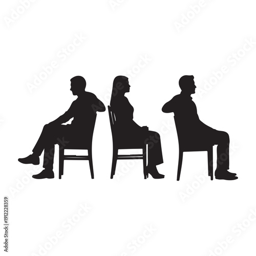 Three people sitting in chairs in a row in silhouette