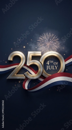 Modern patriotic 250th Independence Day design featuring USA elements, red white and blue colors, fireworks and typography celebrating the 4th of July 2026 anniversary.
