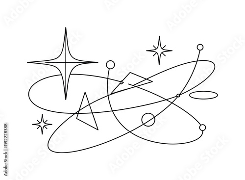 Atomic Era Style. Minimalistic one-line drawing abstract starburst and geometric shapes inspired by 1950s design,
