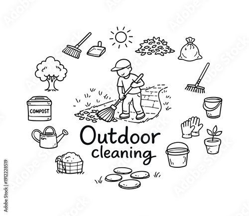 Outdoor cleaning. Hand-drawn doodle illustration of outdoor cleaning. In the middle, one slightly larger central doodle