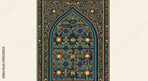 Islamic prayer rug design with traditional geometric star patterns and arabesque floral borders in teal gold and navy blue colors