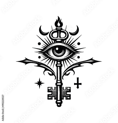 An occult emblem combining a vertical skeleton key and a central eye motif, arranged symmetrically like a sigil, rigid