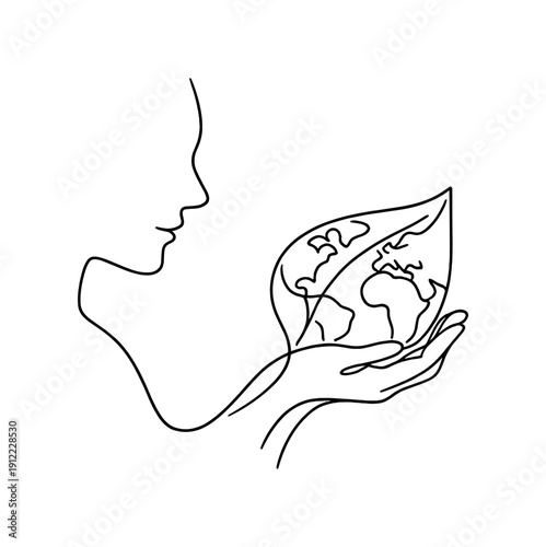 "Environmental care". Minimalistic one-line drawing person gently holding a leaf-shaped earth, all formed in one