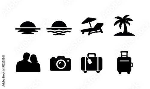 Watching a beautiful sunset while on vacation. Filled icon set of Watching a beautiful sunset while on vacation: sunset