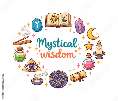 Mystical Doodle Mandala. Mystical wisdom. Hand drawn illustration of Mystical wisdom. ancient book, glowing rune,