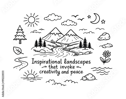 Inspirational landscapes that invoke creativity and peace. Hand-drawn doodle illustration of Inspirational landscapes