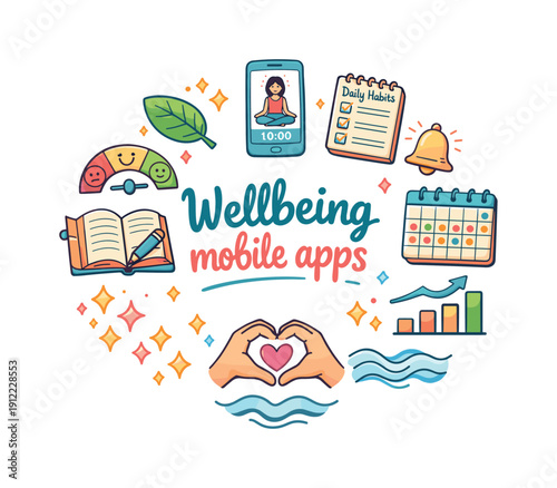 Wellbeing mobile apps. Hand drawn illustration of Wellbeing mobile apps. phone interface, smile meter, daily habits