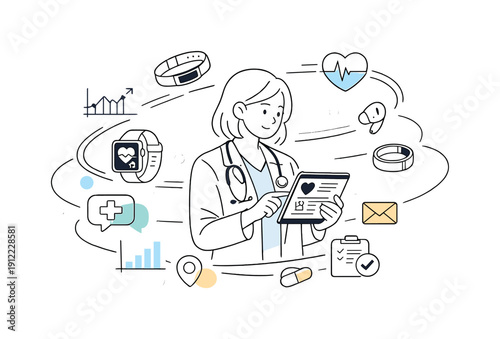 Connected Healthcare Visualization. Digital health systems. A clinician reviewing patient data on a tablet while