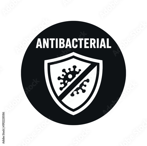 Flat vector badge ANTIBACTERIAL simple white shield with germ slash