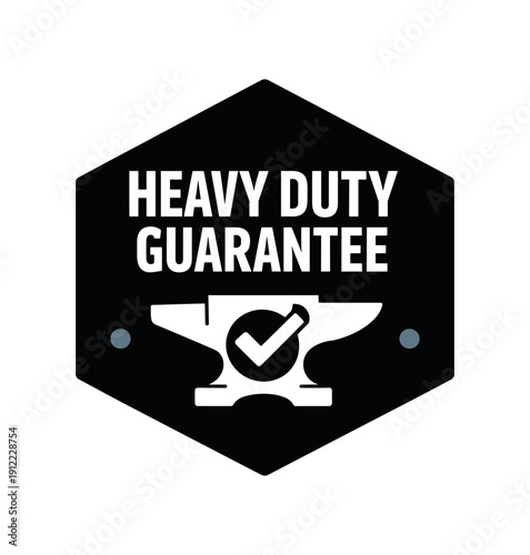 Flat vector hexagon badge solid black hexagon background HEAVY DUTY GUARANTEE simple white anvil with checkmark tiny muted steel blue